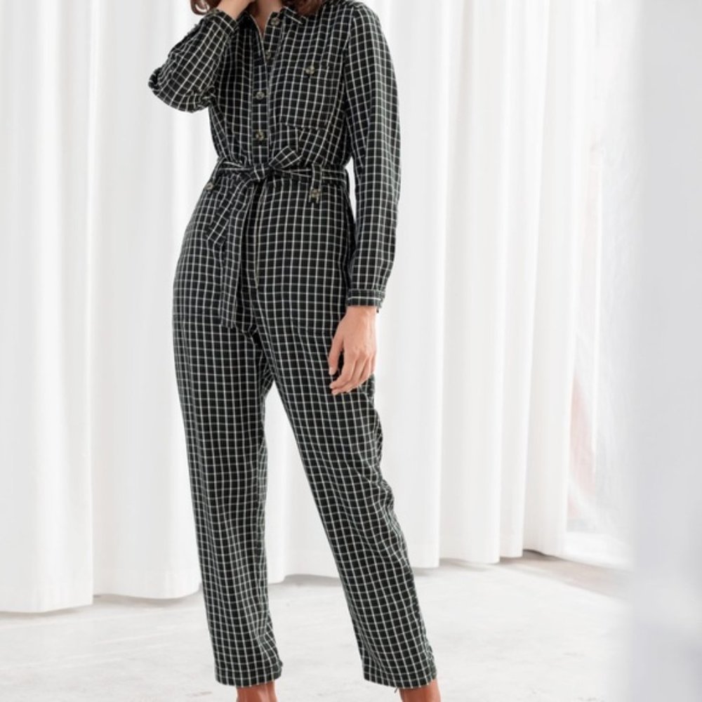 & Other Stories Green Plaid Flannel Belted Cropped Straight Leg Jumpsuit 4US